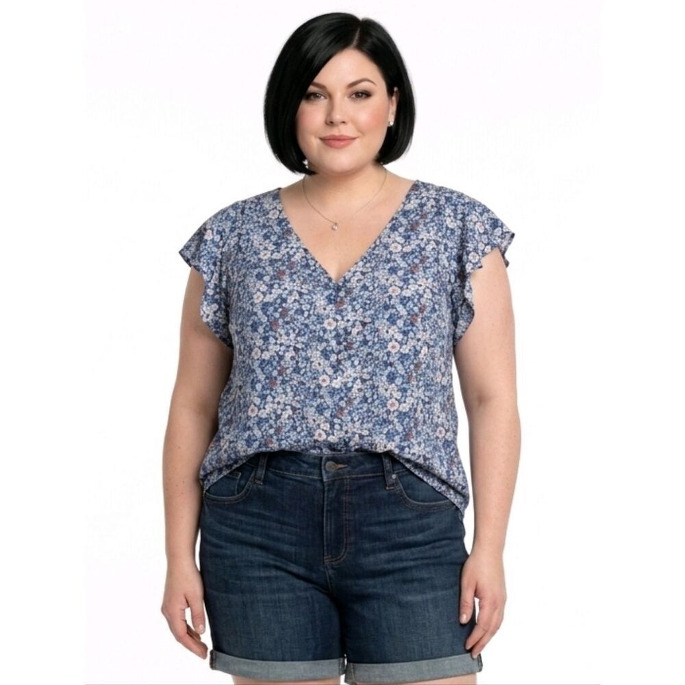 Jones New York Blue Floral V-neck Ruffle Sleeve Pleated Detail Blouse Size 3X
